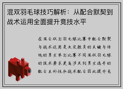 混双羽毛球技巧解析：从配合默契到战术运用全面提升竞技水平