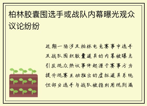 柏林胶囊囤选手或战队内幕曝光观众议论纷纷