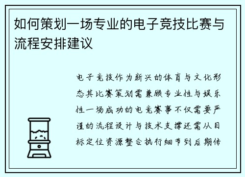如何策划一场专业的电子竞技比赛与流程安排建议